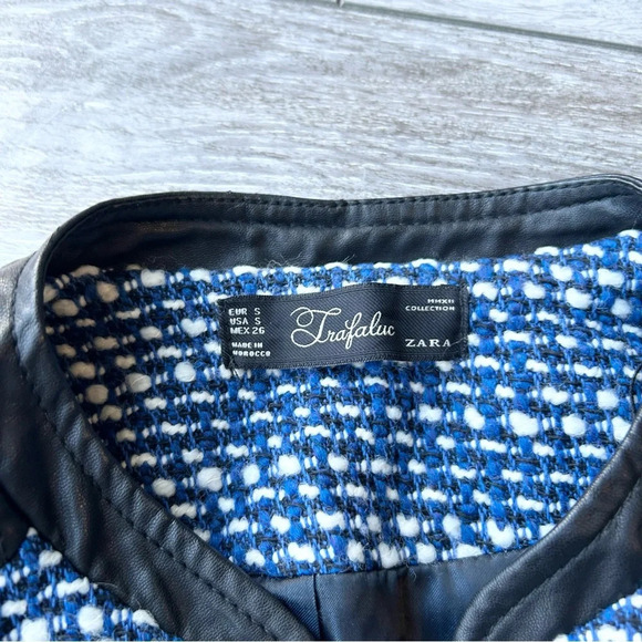 Zara Trafaluc Blue Black Tweed Faux Leather Moto Jacket - Picture 8 of 16